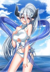 Rule 34 | 10s, 1girl, bare shoulders, blue hair, female focus, flower, granblue fantasy, hair flower, hair ornament, highres, horns, izmir, izmir (summer) (granblue fantasy), katou shinobu, long hair, looking at viewer, mole, mole under mouth, one-piece swimsuit, outdoors, ponytail, red eyes, smile, solo, swimsuit, white one-piece swimsuit