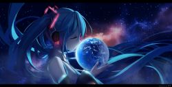 Rule 34 | 1girl, artist name, blue hair, blue nails, blue necktie, closed eyes, collared shirt, commentary request, detached sleeves, earth (planet), floating hair, from side, giant, giantess, grey shirt, hair ornament, hatsune miku, headphones, highres, holding, kin toki, kiss, letterboxed, long hair, milky way, nail polish, necktie, planet, profile, shirt, sleeveless, sleeveless shirt, solo, space, star (sky), twintails, upper body, very long hair, vocaloid