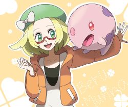 Rule 34 | 1girl, :d, aria pkmn, beret, bianca (pokemon), blonde hair, bow, collarbone, commentary request, creatures (company), game freak, gen 5 pokemon, glasses, green eyes, green headwear, hat, hat bow, heart, highres, hood, hooded jacket, jacket, long sleeves, munna, nintendo, open clothes, open jacket, open mouth, orange jacket, outline, outstretched arm, pokemon, pokemon (creature), pokemon bw2, pokemon on arm, red-framed eyewear, semi-rimless eyewear, shirt, short hair, smile, teeth, tongue, upper teeth only, white bow, white shirt