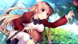 Rule 34 | 1girl, balloon, blush, bow, bowtie, breast press, breast rest, breasts, carrying over shoulder, cloud, day, eyebrows hidden by hair, from below, game cg, hand up, haruoto alice gram, large breasts, legs, light rays, long hair, mitha, orange hair, original, outdoors, red eyes, school uniform, shirahane yuuri, skirt, sky, standing, thighhighs, thighs, tree, zettai ryouiki