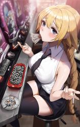 Rule 34 | 1girl, ashtray, bare shoulders, black necktie, black shorts, black thighhighs, blonde hair, blue eyes, blurry, blurry background, blush, braid, casino, cigarette, collared shirt, commentary request, fate/grand order, fate (series), highres, holding, holding cigarette, indoors, jeanne d&#039;arc (fate), jeanne d&#039;arc (girl from orleans) (fate), jeanne d&#039;arc (ruler) (fate), long hair, looking at viewer, mouth hold, necktie, shirt, short necktie, shorts, single braid, sitting, skindentation, sleeveless, sleeveless shirt, smoke, smoking, solo, suou-sensei, thighhighs, too many, very long hair