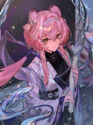 Rule 34 | 1girl, alariess, animal ears, arknights, black dress, closed mouth, dress, hair between eyes, hair intakes, hairband, highres, holding, jacket, lin (arknights), long hair, long sleeves, looking at viewer, open clothes, open jacket, pink hair, red eyes, sleeves past wrists, smile, solo, upper body, very long hair, white hairband, white jacket, wide sleeves