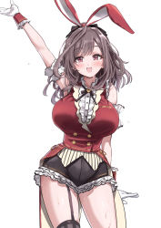 Rule 34 | 1girl, :d, absurdres, animal ears, arm up, bare shoulders, black shorts, blush, breasts, brown hair, commentary request, fake animal ears, frilled shorts, frills, garter straps, gloves, grey thighhighs, highres, idolmaster, idolmaster shiny colors, large breasts, long hair, looking at viewer, open mouth, pizzasi, rabbit ears, red eyes, red vest, shirt, short shorts, shorts, simple background, single thighhigh, sleeveless, sleeveless shirt, smile, solo, sweat, thighhighs, tsukioka kogane, vest, white background, white gloves, white shirt