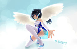 Rule 34 | 1girl, angel wings, black hair, blue eyes, boeing 787, flight airplanes, foreshortening, kneeling, long hair, mecha musume, outstretched hand, personification, perspective, ponytail, smile, solo, tera (teraura), thighhighs, wings