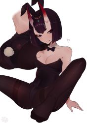 Rule 34 | 1girl, :q, absurdres, animal ears, ass, bad id, bad pixiv id, bare arms, bare shoulders, black bow, black hairband, black leotard, black neckwear, bob cut, bow, bowtie, breasts, brown pantyhose, cleavage, collarbone, commentary, covered navel, detached collar, eyeshadow, fake animal ears, fake tail, fate/grand order, fate (series), from behind, hairband, head tilt, headpiece, heart, highres, horns, leotard, looking at viewer, makeup, medium breasts, multiple views, no shoes, oni, oni kanzei, pantyhose, playboy bunny, purple eyes, purple hair, rabbit ears, rabbit tail, short eyebrows, short hair, shuten douji (fate), simple background, sitting, skin-covered horns, spread legs, strapless, strapless leotard, tail, thighband pantyhose, tongue, tongue out, tsurime, white background