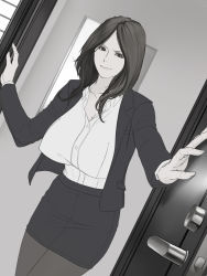 Rule 34 | 1girl, absurdres, breasts, covered erect nipples, door, foreshortening, formal, highres, indoors, large breasts, lips, long hair, looking at viewer, mature female, medium hair, monochrome, office lady, original, pantyhose, shisshou senkoku, solo, standing, suit