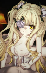 Rule 34 | 1girl, aqoxy, blonde hair, breasts, censored, cowgirl position, cum, doll joints, eyepatch, flower, flower eyepatch, flower over eye, grinding, hair flower, hair ornament, highres, joints, kirakishou, long hair, looking at viewer, mosaic censoring, navel, nipples, nude, penis, rose, rozen maiden, sex, sitting, small breasts, smile, straddling, very long hair, white flower, white rose, yellow eyes