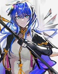 Rule 34 | 1girl, 3o c, arknights, black gloves, black jacket, blue eyes, blue hair, gloves, halo, hand up, highres, holding, holding staff, horns, jacket, long hair, looking at viewer, mostima (arknights), mostima (spellbreaker) (arknights), official alternate costume, shirt, solo, staff, upper body, white shirt, wings