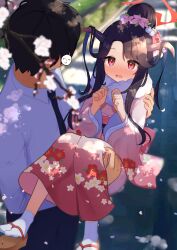 Rule 34 | 1boy, 1girl, black hair, black necktie, black pants, blue archive, blurry, blush, carrying, cherry blossoms, collared shirt, commentary request, depth of field, doodle sensei (blue archive), falling petals, floral print, flower, from above, fur-trimmed kimono, fur trim, furisode, fuuka (blue archive), fuuka (new year) (blue archive), hair bun, hair flower, hair ornament, halo, highres, horns, japanese clothes, kimono, long hair, looking at another, necktie, official alternate costume, open mouth, paid reward available, pants, petals, pink eyes, pink flower, pink kimono, princess carry, print kimono, sandals, sensei (blue archive), shirt, solo focus, surprised, tabi, waon (43ctw), white shirt, zouri