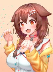 Rule 34 | 1girl, :3, animal collar, animal ears, blush, bone hair ornament, braid, breasts, brown eyes, brown hair, cartoon bone, claw pose, collar, collarbone, commentary request, deaver, dog ears, dog girl, dress, fang, fangs, hair ornament, hairclip, highres, hololive, inugami korone, inugami korone (1st costume), jacket, long hair, long sleeves, looking at viewer, low twin braids, medium breasts, off-shoulder jacket, off shoulder, open mouth, red collar, smile, solo, twin braids, upper body, virtual youtuber, white dress, yellow jacket