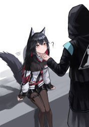 Rule 34 | 1girl, 1other, ?, absurdres, afterimage, animal ears, arknights, black capelet, black coat, black gloves, black hair, black shorts, blush, capelet, closed mouth, coat, colored inner hair, doctor (arknights), feet out of frame, fingerless gloves, gloves, hand on another&#039;s chin, highres, hood, hood up, hooded coat, jacket, kimsuwan2013, long hair, long sleeves, looking at another, motion lines, multicolored hair, pantyhose, pantyhose under shorts, red hair, shorts, sitting, standing, stroking another&#039;s chin, tail, tail wagging, texas (arknights), two-tone hair, white jacket, wolf ears, wolf girl, wolf tail