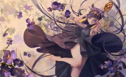Rule 34 | 1girl, absurdres, alternate costume, animal ears, bare arms, bare shoulders, barefoot, black dress, black hair, blue eyes, blunt bangs, breasts, commentary, dress, english commentary, flower, gradient hair, halter dress, halterneck, head wreath, headpiece, highres, hololive, hololive english, jewelry, long hair, looking at viewer, meiyan (boyimachao), multicolored hair, necklace, ninomae ina&#039;nis, orange hair, reaching, reaching towards viewer, sidelocks, small breasts, solo, straight hair, tentacle hair, unworn jewelry, unworn necklace, very long hair, violet (flower), virtual youtuber