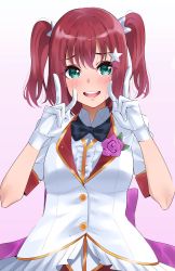 Rule 34 | 1girl, :d, back bow, black bow, black bowtie, blush, bow, bowtie, double v, flower, gloves, gradient background, green eyes, hair ornament, hands up, highres, igarashi kyouhei, jacket, kurosawa ruby, looking at viewer, love live!, love live! sunshine!!, medium hair, open mouth, pink background, pink flower, pink rose, red hair, rose, round teeth, smile, solo, star (symbol), star hair ornament, teeth, twintails, upper teeth only, v, white gloves, white jacket