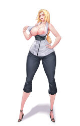Rule 34 | 1girl, absurdres, blonde hair, breasts, breasts out, commentary request, dark night (darkotl), forehead jewel, hand on own hip, highres, inverted nipples, large breasts, long hair, naruto, naruto (series), nipples, open clothes, open mouth, open shirt, pants, solo, topless, tsunade (naruto), yellow eyes