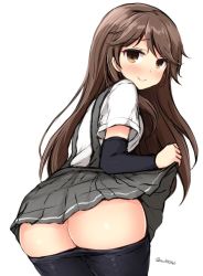 Rule 34 | 10s, 1girl, arashio (kancolle), arm warmers, ass, ass support, back, brown eyes, brown hair, clothes lift, clothes pull, don (29219), kantai collection, long hair, looking at viewer, miniskirt, no panties, pleated skirt, school uniform, shirt, short sleeves, shorts, shorts pull, shorts under skirt, simple background, skirt, skirt lift, smile, solo, suspenders, white background, white shirt