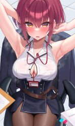 Rule 34 | 1girl, absurdres, armpits, belt, blush, breasts, chair, collared shirt, hair between eyes, highres, hololive, houshou marine, houshou marine (businesswoman), id card, jacket, unworn jacket, large breasts, looking at viewer, mao (mawodec), official alternate costume, open mouth, pantyhose, partially unbuttoned, presenting armpit, red eyes, red hair, shirt, short hair, sitting, sleeveless, sleeveless shirt, solo, steam, steaming body, sweat, virtual youtuber
