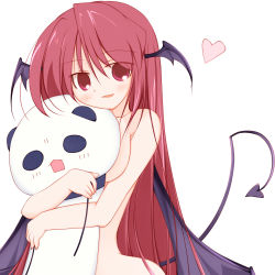 Rule 34 | 1girl, :d, atapon, bat wings, blush, breasts, commentary request, demon tail, head wings, heart, koakuma, long hair, looking at viewer, nude, open mouth, red eyes, red hair, simple background, smile, solo, stuffed animal, stuffed panda, stuffed toy, tail, touhou, very long hair, white background, wings