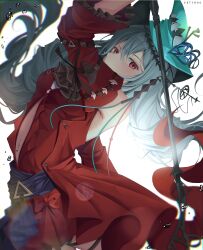 Rule 34 | 1girl, absurdres, arknights, artist name, bare shoulders, bow, calinae, dress, green headwear, highres, holding, holding staff, long hair, long sleeves, looking at viewer, red bow, red dress, red eyes, simple background, skadi (arknights), skadi the corrupting heart (arknights), solo, staff, very long hair, white background