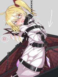 Rule 34 | 1girl, anger vein, angry, arrow (symbol), bdsm, belt, belt buckle, blonde hair, bondage, bound, buckle, chain, coffin, fang, flandre scarlet, highres, hitachi magic wand, menou 74, open mouth, red eyes, restrained, sex toy, short hair, side ponytail, skin fang, solo, spoken anger vein, straitjacket, strap, touhou, v-shaped eyebrows, vibrator, vibrator under clothes