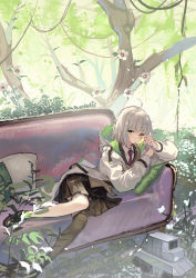 Rule 34 | 1girl, absurdres, ahoge, arknights, black footwear, black skirt, black thighhighs, brown vest, coat, couch, flower, foot out of frame, green background, green eyes, grey hair, highres, hood, hood down, hooded coat, leaf, lens (arknights), long sleeves, looking at viewer, lying, natsuba002, necktie, on couch, on side, one eye closed, one side up, open clothes, open coat, outdoors, pillow, plant, pleated skirt, red necktie, rubbing eyes, scene (arknights), shirt, shoes, short hair, single thighhigh, skirt, solo, thighhighs, tree, vest, vines, waking up, white coat, white flower, white shirt