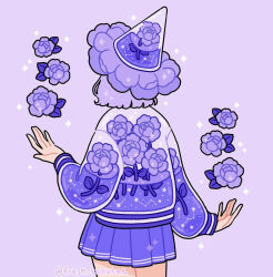 Rule 34 | 1girl, constellation, cowboy shot, emily kim, floral print, flower, from behind, hat, highres, jacket, letterman jacket, liquid, original, peony (flower), peony print, pleated skirt, purple background, purple flower, purple hair, purple jacket, purple skirt, purple theme, short hair, simple background, skirt, sparkle, twitter username, witch hat