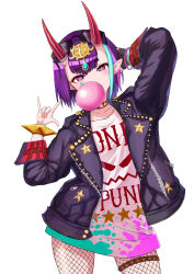 Rule 34 | \m/, absurdres, arm behind head, bangle, black jacket, blue hair, bracelet, blowing bubbles, chewing gum, clothes writing, commentary request, delinquent, english text, eyewear on head, fate/grand order, fate (series), fishnet pantyhose, fishnets, fon1996, forehead jewel, gloves, hand on own head, highres, horns, jacket, jewelry, light blue hair, looking at viewer, multicolored hair, pantyhose, pointy ears, punk, purple eyes, purple hair, shirt, short hair, shuten douji (fate), simple background, single glove, splatter print, star (symbol), streaked hair, sunglasses, thigh strap, white background, white shirt, wristband