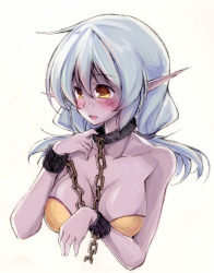 Rule 34 | 1girl, bare shoulders, blue hair, blush, breasts, brown eyes, bustier, chain, collar, colored skin, cuffs, cuffs-to-collar, elf, elf slave (maullarmaullar), female focus, large breasts, long hair, low twintails, maullarmaullar, original, pointy ears, purple skin, shackles, simple background, slave, solo, twintails, upper body