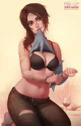 Rule 34 | 1girl, alcohol, bandages, bandaged arm, bandages, belt, black bra, bottle, bra, bracelet, breasts, brown hair, cleavage, clothes lift, cup, denim, dirty, dirty face, drinking glass, grey eyes, jeans, jewelry, lara croft, lifted by self, lips, long hair, medium breasts, mouth hold, navel, no shoes, nose, pants, seiza, shirt lift, sitting, socks, solo, tomb raider, tomb raider (reboot), torn clothes, torn jeans, torn pants, tsuaii, underwear, wine, wine bottle, wine glass