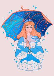 Rule 34 | 1girl, artist name, blonde hair, constellation, cropped torso, grey background, holding, holding umbrella, long hair, long sleeves, meyoco, moon phases, original, puffy long sleeves, puffy sleeves, simple background, solo, sparkle, umbrella, upper body