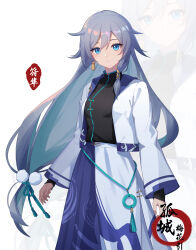 Rule 34 | 1girl, absurdres, black shirt, blue eyes, blue hair, blue skirt, china dress, chinese clothes, closed mouth, dress, fu hua, grey hair, hair between eyes, hanfu, highres, honkai (series), honkai impact 3rd, huang tie lin, jacket, light smile, long hair, long skirt, long sleeves, looking at viewer, multicolored clothes, multicolored skirt, official alternate costume, open clothes, open jacket, shirt, simple background, skirt, solo, two-tone skirt, white background, white hanfu, white jacket, white skirt, white sleeves