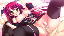 Rule 34 | 1girl, bed, black thighhighs, blood, blush, breasts, breasts out, censored, cum, cum in pussy, defloration, dress, game cg, long hair, looking at viewer, luce yami asutarite, lying, magical marriage lunatics!!, nipples, on back, panties, panties around leg, penis, pillow, pink panties, pussy, red hair, sex, spread legs, thighhighs, underwear, vaginal, yamakaze ran, yellow eyes