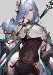 Rule 34 | 1girl, bodysuit, braid, breasts, clothing cutout, covered navel, cowboy shot, crop top, crop top overhang, earrings, genshin impact, gold trim, hair over one eye, highres, hip vent, holding, jewelry, large breasts, long hair, long sleeves, looking at viewer, polearm, purple eyes, sencha (senchat), shenhe (genshin impact), shirt, shoulder cutout, single braid, solo, spear, tassel, underboob, very long hair, weapon, white hair, white shirt