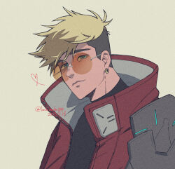 Rule 34 | 1boy, 2023, black shirt, blonde hair, blue eyes, brown hair, buchimake007, closed mouth, coat, dated, earrings, grey background, highres, jewelry, looking at viewer, male focus, multicolored hair, open clothes, open coat, orange-tinted eyewear, red coat, round eyewear, semi-rimless eyewear, shirt, short hair, simple background, solo, sunglasses, tinted eyewear, trigun, trigun stampede, twitter username, two-tone hair, upper body, vash the stampede