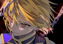 Rule 34 | 1boy, blonde hair, blurry, blurry background, chain, closed mouth, crystal earrings, earrings, expressionless, hair between eyes, highres, hunter x hunter, jewelry, kurapika, looking to the side, nemuke2828, shirt, short hair, solo, tabard, white shirt