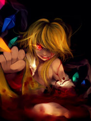 Rule 34 | 1girl, blonde hair, blood, clenched hand, evil, female focus, flandre scarlet, glowing, glowing eyes, hair censor, hair over one eye, no headwear, no headwear, off shoulder, open clothes, open mouth, red eyes, serizawa mutsuki, short hair, smile, solo, embodiment of scarlet devil, touhou, wings
