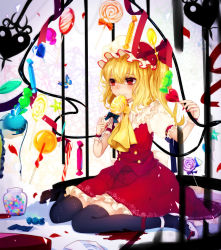 Rule 34 | 1girl, bad id, bad pixiv id, black thighhighs, blonde hair, blood, blush, candy, crying, crying with eyes open, daimaou ruaeru, flandre scarlet, food, hat, hat ribbon, high heels, highres, laevatein, lollipop, looking away, mob cap, petals, puffy sleeves, red eyes, ribbon, shirt, short hair, short sleeves, side ponytail, sitting, skirt, skirt set, solo, sweets, tears, thighhighs, touhou, vest, wings, zettai ryouiki