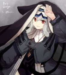 Rule 34 | 1girl, arknights, artist name, black coat, black dress, black headwear, blush, breasts, capelet, coat, cowboy shot, dress, genieko, goggles, goggles on head, grey background, grey hair, habit, hair between eyes, hand on own forehead, jewelry, long hair, long sleeves, looking at viewer, nail polish, necklace, nun, parted lips, purple nails, red eyes, ribbed sweater, smile, specter (arknights), sweater