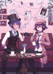 Rule 34 | 2boys, alternate costume, artist name, black gloves, blue neckwear, blush, cele (310v3), coat, collared shirt, commentary, couch, cuffs, cup, danganronpa (series), danganronpa v3: killing harmony, english commentary, english text, eyes visible through hair, flower, flying sweatdrops, folder, gloves, hair between eyes, half gloves, hand on thigh, handcuffs, hat, hat feather, highres, holding, holding cup, indoors, long sleeves, magnifying glass, male focus, map, mask, mug, multiple boys, necktie, one eye closed, open mouth, oma kokichi, painting (object), photo (object), picture frame, plant, poster (object), purple eyes, purple hair, pushpin, saihara shuichi, saucer, shirt, short hair, signature, sitting, smile, spoon, sticky note, sweat, table, teaspoon, tie clip, top hat, twitter username, vase, vest, wanted, yaoi, yellow eyes
