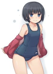Rule 34 | 1girl, absurdres, bare shoulders, blue eyes, blush, cameltoe, collarbone, flat chest, highres, jacket, leaning forward, looking at viewer, namaru (summer dandy), one-piece swimsuit, original, school swimsuit, short hair, smile, solo, swimsuit, track jacket, undressing