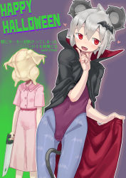 Rule 34 | 1boy, 1girl, animal ears, bat hair ornament, black cape, blue pantyhose, blush, bulge, cape, chicken (food), collared dress, commentary request, cookie (touhou), dorasiro (cookie), dress, fangs, feet out of frame, flat chest, food, food on head, grey hair, hair ornament, halloween, hand saw, happy halloween, highres, hisaka (cookie), holding, leotard, looking at viewer, man (man-room), mixed-language text, mouse boy, mouse ears, mouse tail, nazrin, niconico id, object on head, open mouth, pantyhose, pink dress, purple leotard, red cape, red eyes, red sash, remilia scarlet, sash, saw, short hair, tail, touhou, translation request, two-sided cape, two-sided fabric, vampire costume