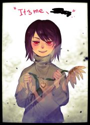 Rule 34 | androgynous, blush, brown hair, chara (undertale), english text, evil smile, flower, flowey (undertale), gender request, heart, heart necklace, highres, holding, holding flower, jewelry, long sleeves, necklace, noahxica, open mouth, pendant, red eyes, ripping, smile, spoilers, striped clothes, striped sweater, sweater, undertale, upper body