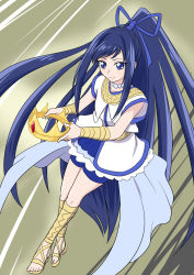 Rule 34 | 1girl, bike shorts, blue bow, blue eyes, blue hair, blue shorts, bow, closed mouth, crown, cure priestess, dengeki gx, dokidoki! precure, full body, hair bow, high ponytail, highres, holding, layered skirt, light smile, long hair, looking at viewer, magical girl, ponytail, precure, sandals, shorts, shorts under skirt, skirt, solo, yellow footwear