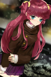 Rule 34 | 1girl, aqua eyes, black thighhighs, blunt bangs, coat, female focus, frown, hair ribbon, long hair, long sleeves, lowres, pleated skirt, red hair, ribbon, short twintails, skirt, sleeves past wrists, snow, snowing, solo, sword girls, thighhighs, twintails, two side up, weekly daily