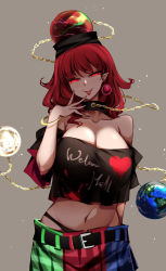 Rule 34 | 1girl, bare shoulders, belt, black belt, black choker, black neckwear, black panties, black shirt, breasts, chain, choker, closed mouth, earrings, earth (ornament), gold chain, grey background, hair between eyes, hand up, hecatia lapislazuli, highres, jewelry, large breasts, looking at viewer, medium hair, moon (ornament), multicolored clothes, multicolored skirt, off-shoulder shirt, off shoulder, panties, plaid, plaid skirt, raptor7, red eyes, red hair, shirt, short sleeves, simple background, skirt, smile, solo, t-shirt, tongue, tongue out, touhou, underwear