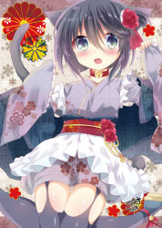 Rule 34 | 1girl, :o, animal ears, apron, bell, black hair, blush, cat ears, cat girl, cat tail, collar, commentary request, fang, floral background, floral print, flower, frilled apron, frills, green eyes, grey kimono, grey thighhighs, hair between eyes, hair flower, hair ornament, hair ribbon, japanese clothes, jingle bell, kimono, kuriyuzu kuryuu, long sleeves, looking at viewer, neck bell, obi, open mouth, original, pinching sleeves, print kimono, red collar, red ribbon, ribbon, sandals, sash, short hair, sleeves past wrists, solo, tail, thighhighs, waist apron, white apron, wide sleeves