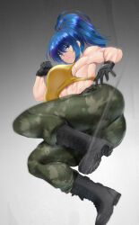 Rule 34 | 1girl, black gloves, blue eyes, blue hair, boots, breasts, camouflage, camouflage pants, combat boots, earrings, gloves, highres, jewelry, koucha indian, large breasts, leona heidern, muscular, muscular female, pants, ponytail, rider kick, sleeveless, soldier, solo, the king of fighters, the king of fighters xv