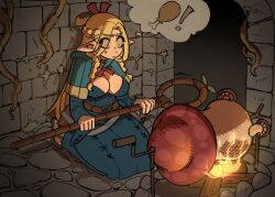 Rule 34 | !, 1girl, alternate breast size, arch, belt pouch, blonde hair, blue capelet, blue robe, braid, breasts, brick wall, campfire, capelet, choker, cooking, cosita art, dungeon, dungeon meshi, ears down, elf, french braid, grilling, holding, holding staff, hood, hood down, hooded capelet, hungry, imagining, large breasts, long hair, long sleeves, marcille donato, multiple braids, mushroom, on ground, parted bangs, pointy ears, pouch, robe, roots, sandals, seiza, side braid, sitting, skewer, solo, spoken food, sprout, staff, thought bubble, waiting, walking mushroom (dungeon meshi), wide-eyed