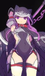 Rule 34 | 1girl, :&lt;, animal hood, armor, armpits, breastplate, cloak, collar, covered navel, elbow gloves, fate/grand order, fate (series), faulds, flat chest, from below, gloves, gluteal fold, hip vent, hood, leotard, looking at viewer, medusa (fate), medusa (lancer) (fate), medusa (rider) (fate), purple eyes, purple hair, rider, sidelocks, sketch, solo, tetsubuta, thighhighs, white thighhighs