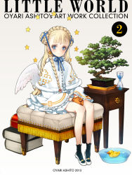 Rule 34 | 1girl, angel, angel wings, bench, blonde hair, blue eyes, book, braid, capelet, cover, dress, earrings, facial tattoo, french braid, gloves, hair ornament, hair ribbon, highres, hourglass, jewelry, long hair, looking at viewer, ooyari ashito, original, own hands together, ribbon, rubber duck, sitting, smile, tattoo, water, wings