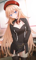 Rule 34 | 1girl, absurdres, beret, black dress, black gloves, black pantyhose, blonde hair, blue eyes, blush, breasts, classroom, cleavage, clothes pull, copyright request, costone, dress, gloves, hat, highres, indoors, large breasts, long hair, long sleeves, looking at viewer, neck ribbon, pantyhose, pantyhose pull, red hat, red ribbon, ribbon, solo, standing, window
